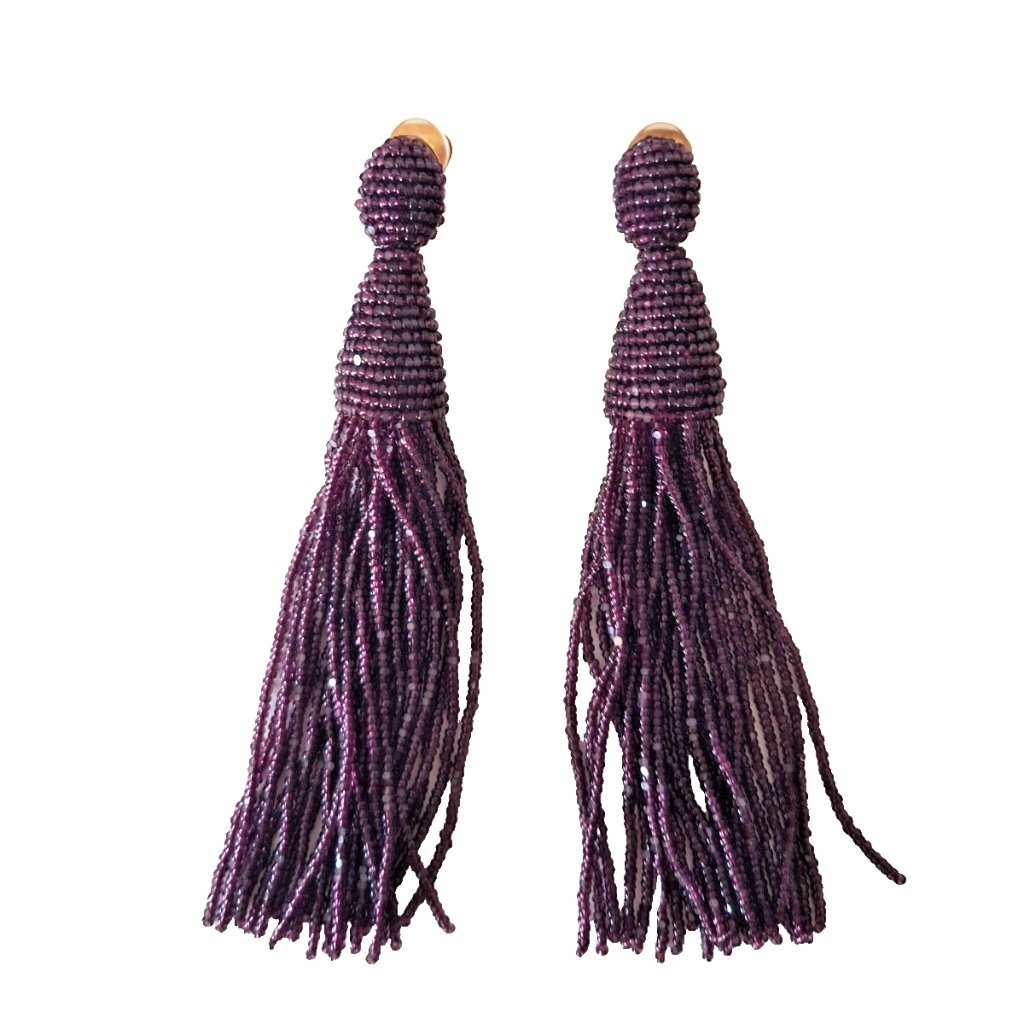Oscar De La Renta Long Beaded Tassel Clip On Earrings - Aubergine 120$